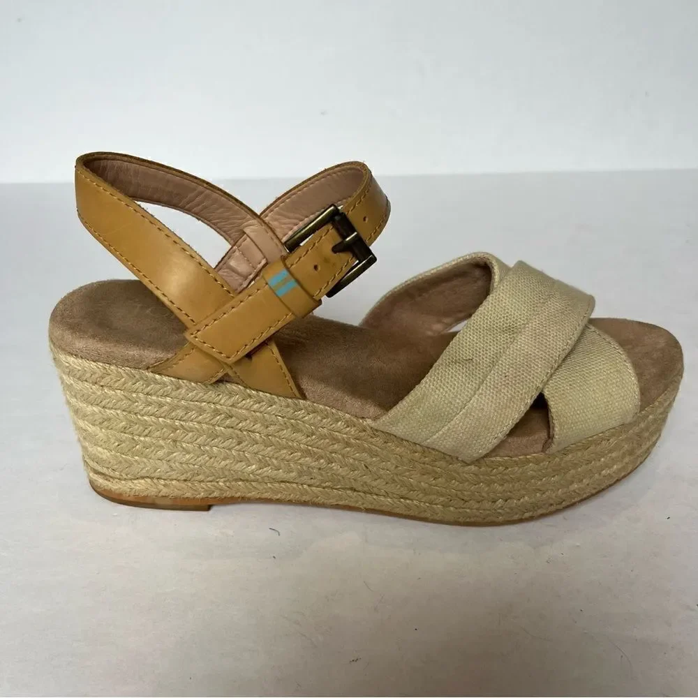 Toms Women's Braided Wedge Espadrille Sandals Light Tan Size 6 Canvas Straps